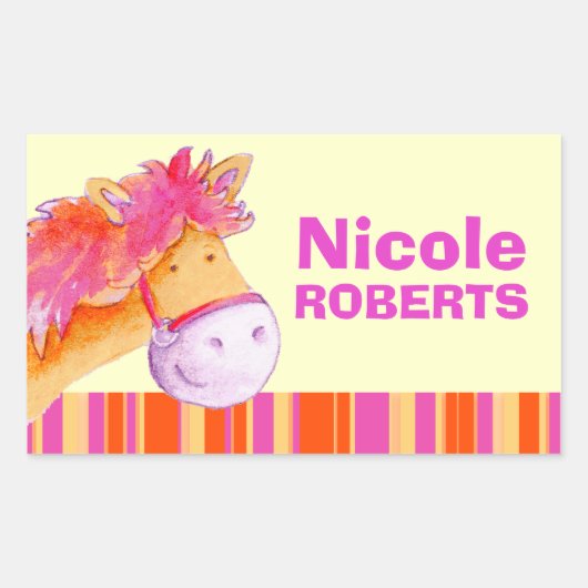 女の子idフルネーム紫オレンジ色のポニー馬のステッカー 長方形シール (正面)