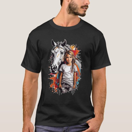女の子s黒モダングラフィックカラフルホース小S Tシャツ (正面)