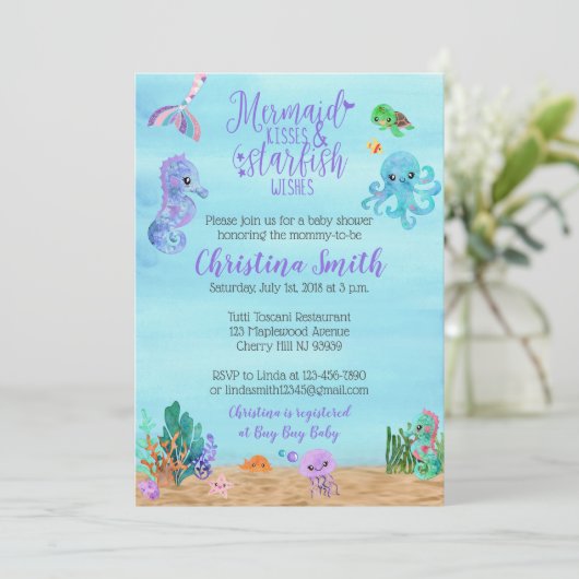 女の子wの人魚のための海のベビーシャワー招待状 招待状 (スタンド正面)