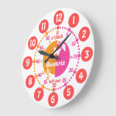 女の学子の時間ピンク赤オレンジ色の名前時計 ラージ壁時計 (傾斜)