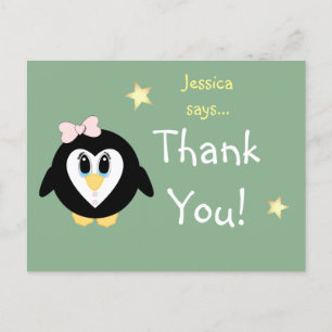 女の感謝してい子の名前のペンギンのためのクリスマスのギフト ポストカード