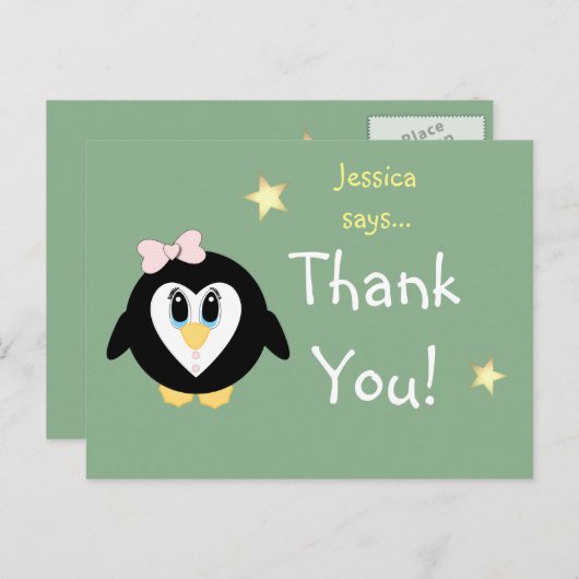 女の感謝してい子の名前のペンギンのためのクリスマスのギフト ポストカード (正面/裏面)