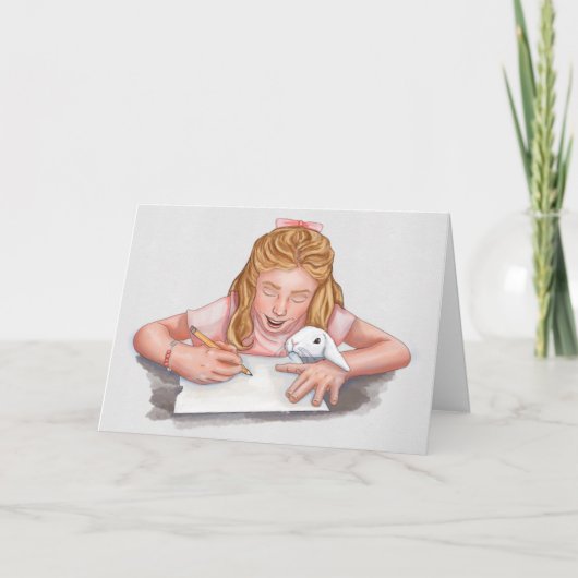 女の書子とペットの食べウサギの紙/オリジナル サンキューカード (正面)