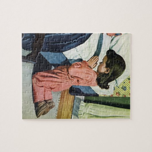 女の祈子はベッドの時間で、主の祈りの言葉 ジグソーパズル (横)