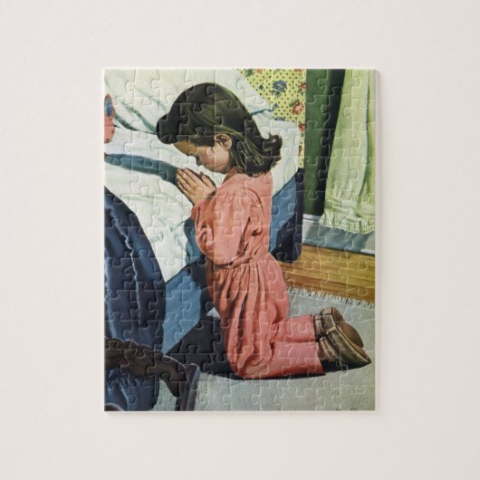 女の祈子はベッドの時間で、主の祈りの言葉 ジグソーパズル (縦)