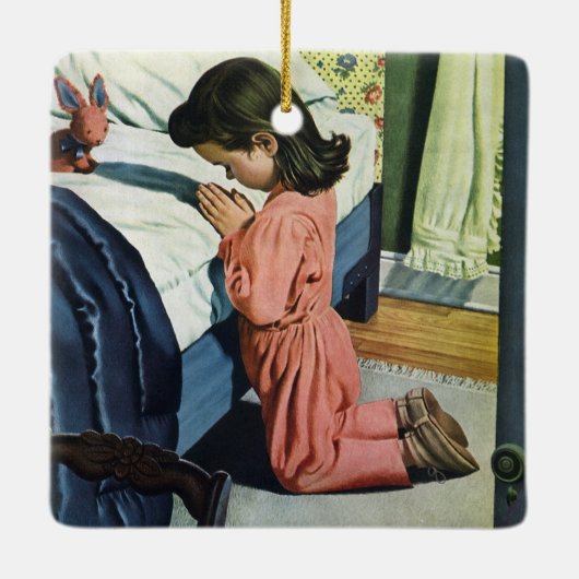 女の祈子はベッドの時間で、主の祈りの言葉 セラミックオーナメント (裏面)