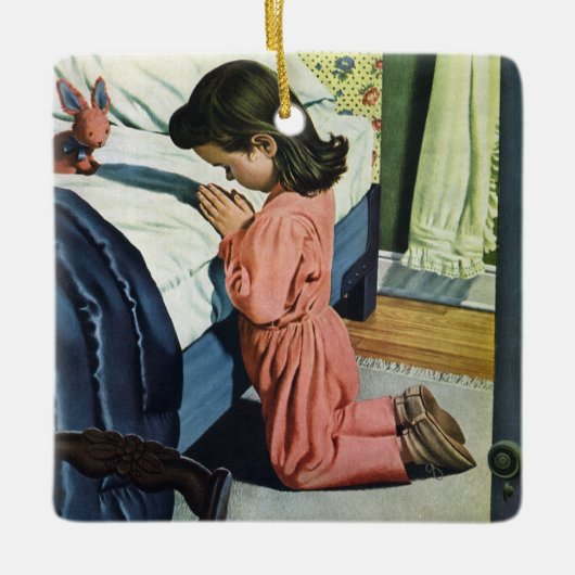 女の祈子はベッドの時間で、主の祈りの言葉 セラミックオーナメント (正面)