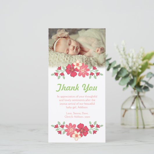女の赤ちゃんによっては開花します写真カードテンプレートが感謝していしています サンキューカード (スタンド正面)