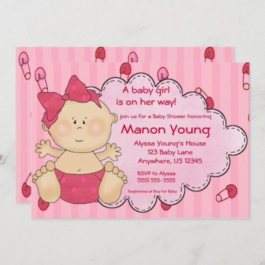 女の赤ちゃんのおむつはピンクシャワーの招待状をピンで止めます 招待状 (正面/裏面)