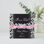 女の赤ちゃんのお披露目会 ピンク 黒 白 牛 プリント 招待状 (スタンド正面)