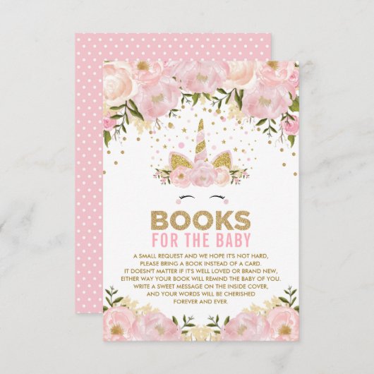 女の赤ちゃんのためのピンクの花のユニコーンの本 エンクロージャーカード (正面/裏面)