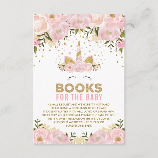 女の赤ちゃんのためのピンクの花のユニコーンの本 エンクロージャーカード (正面)