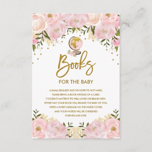 女の赤ちゃんのためのピンクの花旅行冒険の本 エンクロージャーカード (正面)