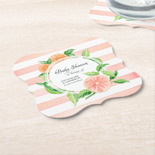 女の赤ちゃんのシャワーのグレープフルーツの柑橘類のテーマのピンク ペーパーコースター (アングル)