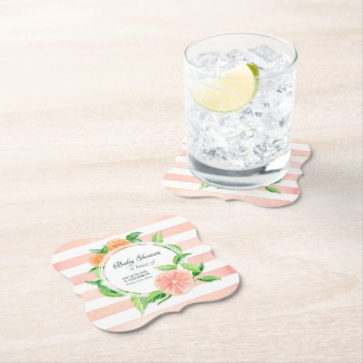 女の赤ちゃんのシャワーのグレープフルーツの柑橘類のテーマのピンク ペーパーコースター (インサイチュ)