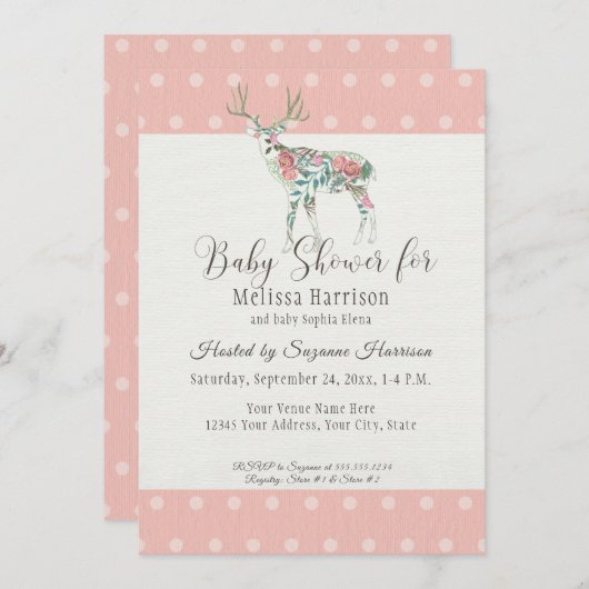 女の赤ちゃんのシャワーのシンプルなモダンのばら色のシカの(雄ジカの)枝角 招待状 (正面/裏面)