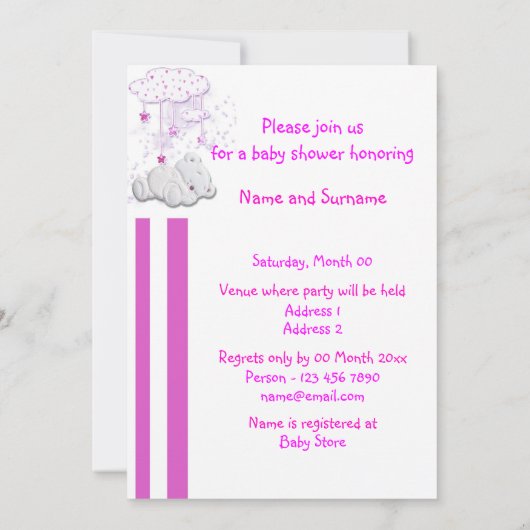 女の赤ちゃんのシャワーのテディー・ベアのピンク 招待状 (裏面)