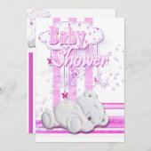 女の赤ちゃんのシャワーのテディー・ベアのピンク 招待状 (正面/裏面)
