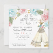 女の赤ちゃんのシャワーのテント小屋の灰色の冒険は矢を始めます 招待状 (正面)