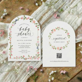 女の赤ちゃんのシャワーパーティー ピンクの水彩花のアーチ 招待状