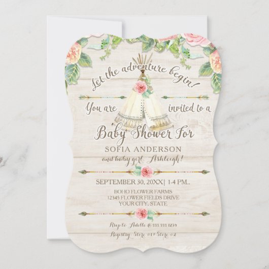 女の赤ちゃんのシャワーBOHOのテント小屋の矢の納屋木板 招待状 (正面)