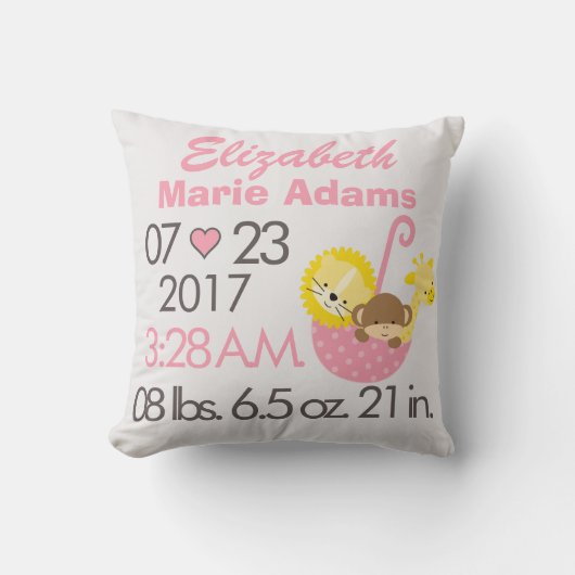 女の赤ちゃんのピンクの動物の水玉模様の誕生の日付時刻 クッション (正面)