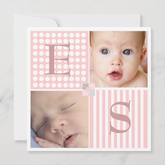 女の赤ちゃんのピンクの双生児のモダンな写真の発表 案内状 (裏面)