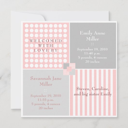 女の赤ちゃんのピンクの双生児のモダンな写真の発表 案内状 (正面)
