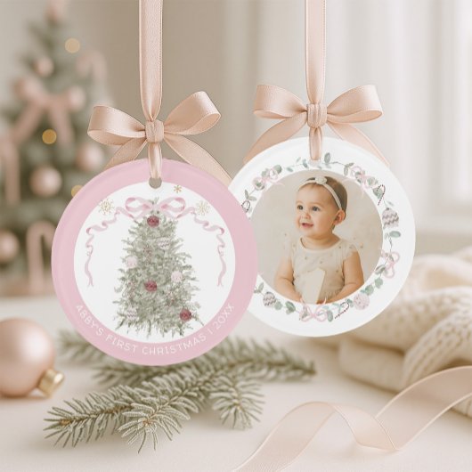 女の赤ちゃんのピンクの最初のクリスマスの写真 オーナメント