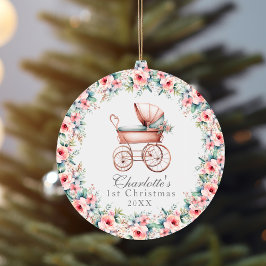 女の赤ちゃんのピンクの花柄のファーストクリスマスベビーカー セラミックオーナメント