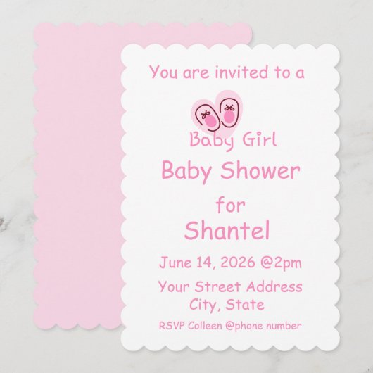 女の赤ちゃんのピンクの靴 ベビーシャワー 招待状 (正面/裏面)
