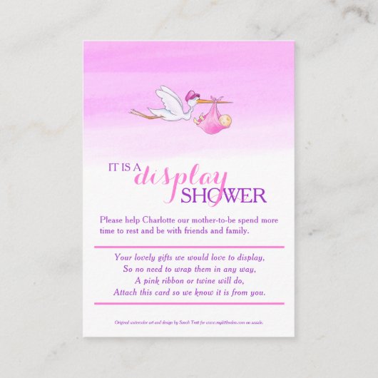 女の赤ちゃんのピンクシャワーの表示カードを持つこうのとり エンクロージャーカード (裏面)