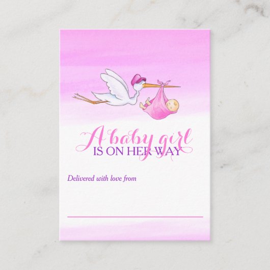 女の赤ちゃんのピンクシャワーの表示カードを持つこうのとり エンクロージャーカード (正面)