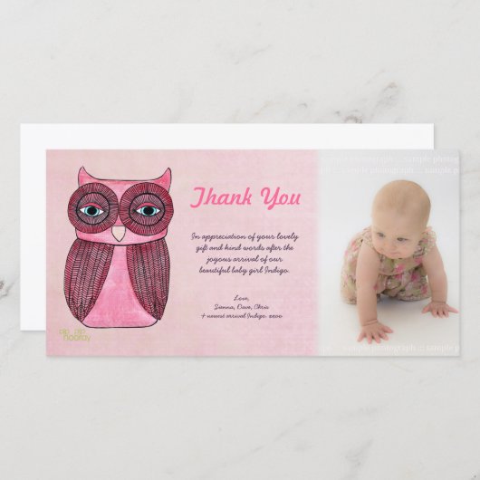 女の赤ちゃんのフクロウは写真テンプレートのフォトカード感謝していしています サンキューカード (正面/裏面)