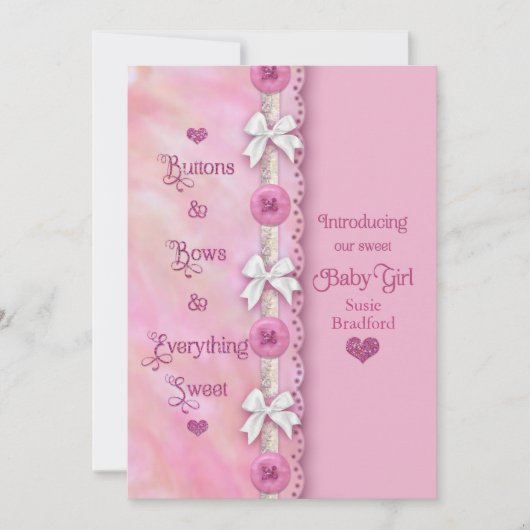 女の赤ちゃんのボタンとボウズピンクのアナウンス 案内状 (正面)
