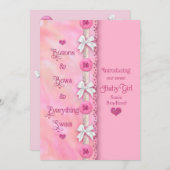 女の赤ちゃんのボタンとボウズピンクのアナウンス 案内状 (正面/裏面)