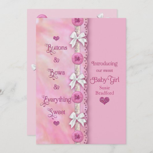 女の赤ちゃんのボタンとボウズピンクのアナウンス 案内状 (正面/裏面)