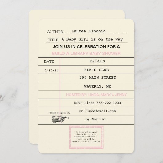 女の赤ちゃんのヴィンテージの帯出券の本のシャワー 招待状 (正面/裏面)