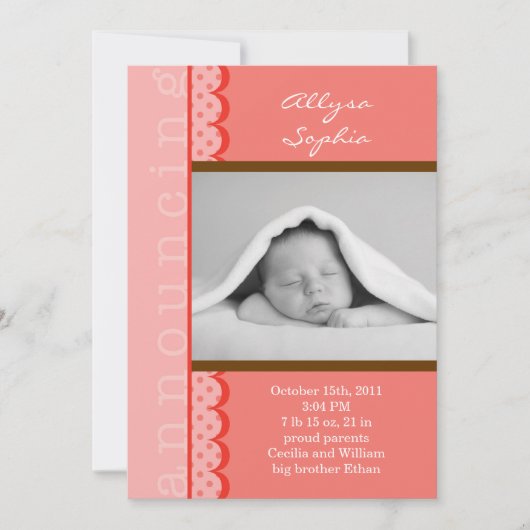 女の赤ちゃんの写真の誕生の発表 案内状 (正面)