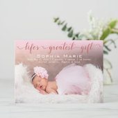 女の赤ちゃんの写真|のモダンな原稿|のピンクの弓誕生 案内状 (スタンド正面)