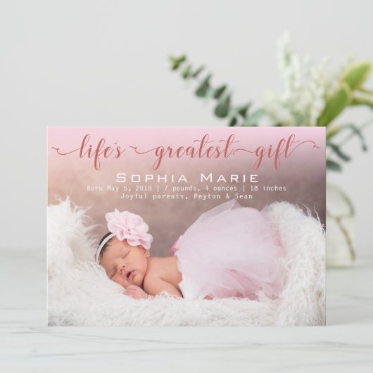 女の赤ちゃんの写真|のモダンな原稿|のピンクの弓誕生 案内状 (スタンド正面)