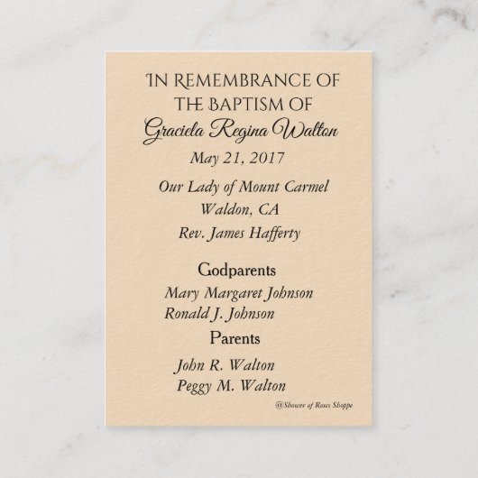 女の赤ちゃんの天使の洗礼記憶の神聖なカード 名刺 (裏面)