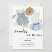 女の赤ちゃんの服とギフトボックスの1歳の誕生日パーティー 招待状 (正面)