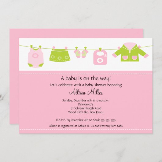 女の赤ちゃんの洗濯のClotheslineのベビーシャワー 招待状 (正面/裏面)