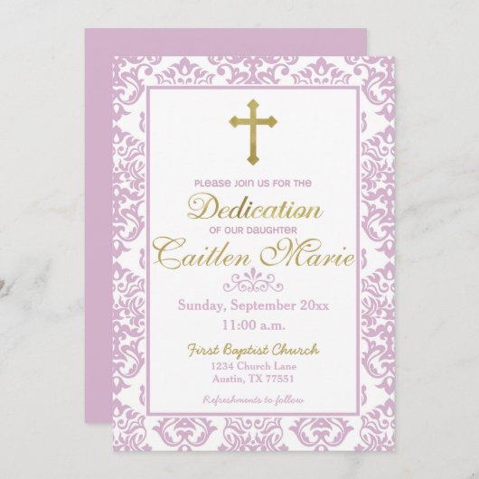 女の赤ちゃんの献呈の招待状のピンクおよび金ゴールド 招待状 (正面/裏面)