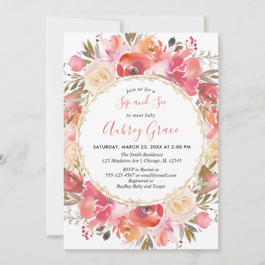 女の赤ちゃんの珊瑚のピンクの花の水彩画をすすり、見て下さい 招待状 (正面)