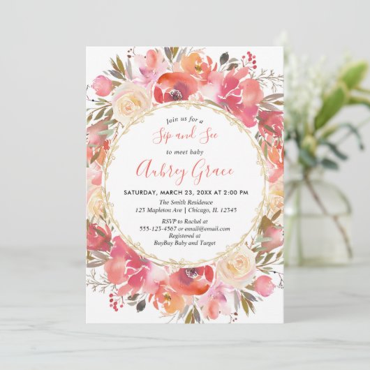 女の赤ちゃんの珊瑚のピンクの花の水彩画をすすり、見て下さい 招待状 (スタンド正面)