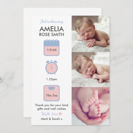 女の赤ちゃんの発表かサンキューカード 案内状 (正面/裏面)