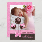 女の赤ちゃんの発表の招待のケーキはピンクVをぽんと鳴らします 案内状 (正面/裏面)