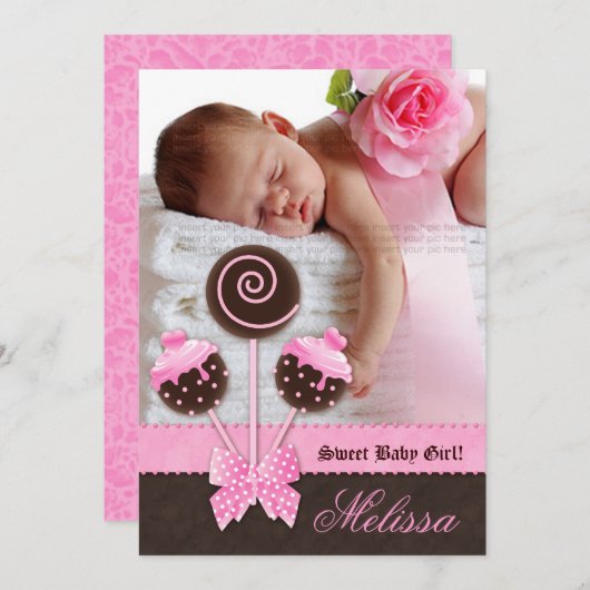 女の赤ちゃんの発表の招待のケーキはピンクVをぽんと鳴らします 案内状 (正面/裏面)